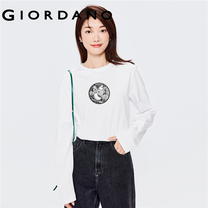 GIORDANO Women San Mei Series T-Shirts Quality 100% Cotton Simple Tee Crewneck Print Long Sleeve Comfy Casual Tshirts 99392198