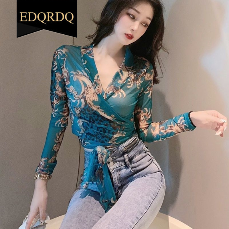 EDQRDQ Women's Floral Print V Neck Self Tie Waist Wrap Crop Top Long Sleeve Mesh Sheer Blouse