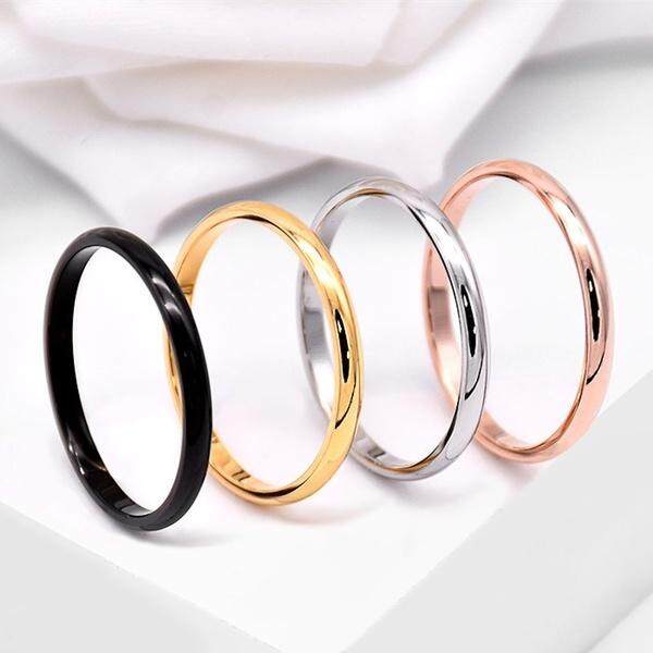2Pcs Thin 2mm Stackable Ring Stainless Steel Plain Band for Women Girl Size 4-9