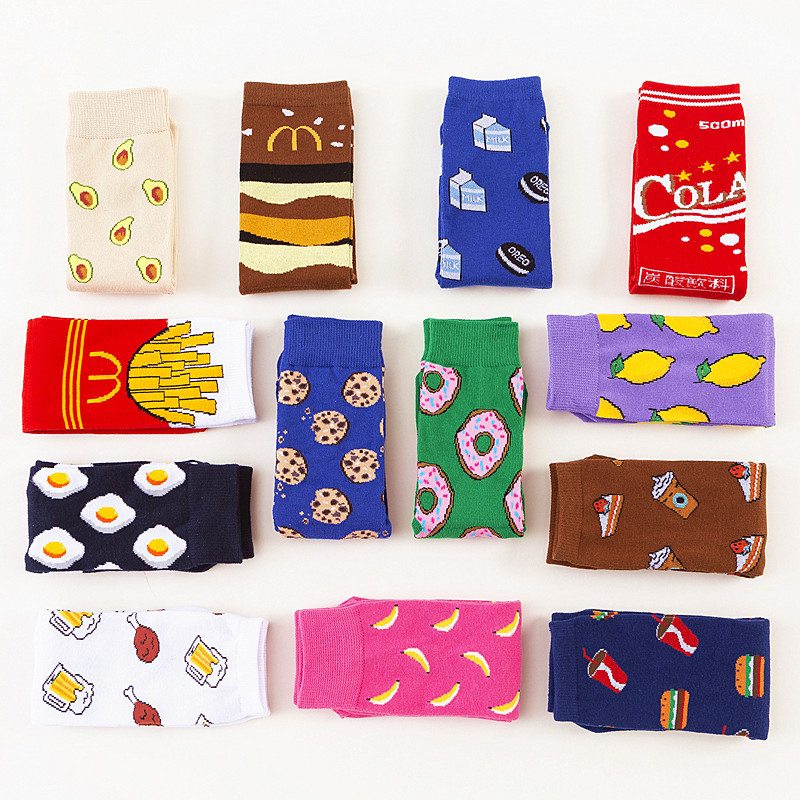 Funny Cartoon Fruits Food Women Crew Socks New Trend Cute Egg Cookie Donut Happy Colorful Novelty Skateboard Female Cotton Long Socks