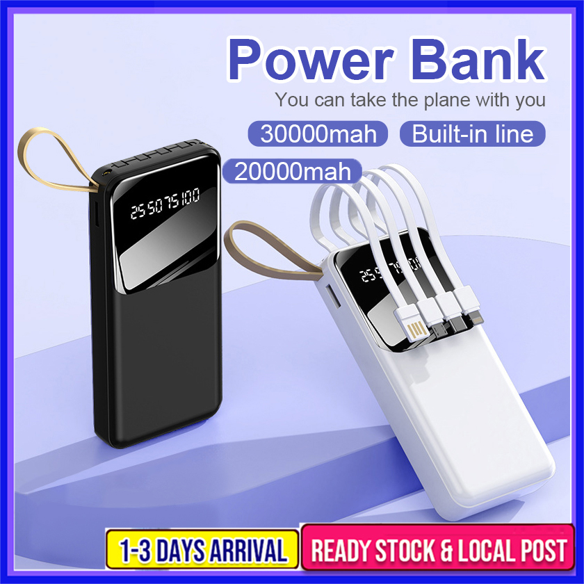 Fast Charging Power Bank With Cable Powerbank 30000 Mah 20000mAh 4 in 1 Large-Capacity PowerBank Display Digital Power Bank Chager