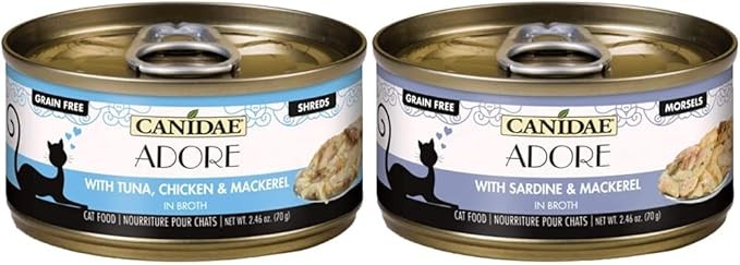 CANIDAE Adore Premium Wet Cat Food Bundle, 2.46 Ounce (Pack of 48), Shreds with Tuna, Chicken and Mackerel in Broth, Morsels with Sardine and Mackerel in Broth, Grain Free